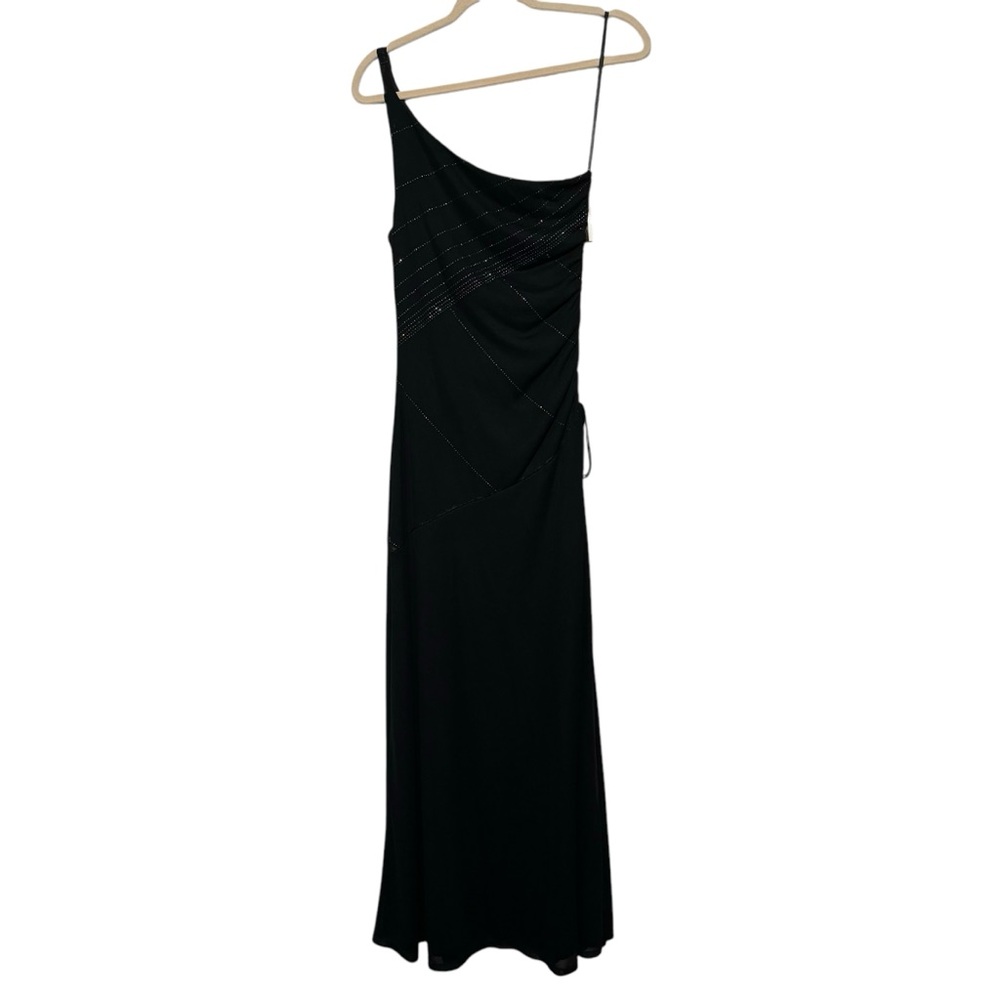 Vintage 90s Y2K NWT Byer Too Black Mesh Sheer Rhinestone Maxi Formal Dress Med